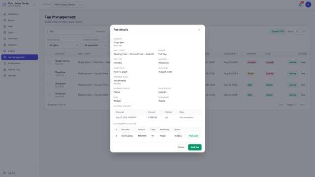 LibControl fee management with plans, partial payments, and dues tracking