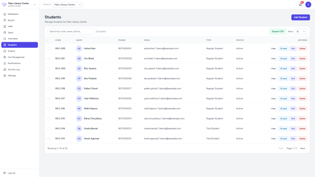 LibControl student registry with member codes, documents, and status