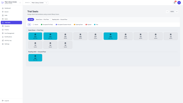 LibControl trial seat management with duration tracking and map view